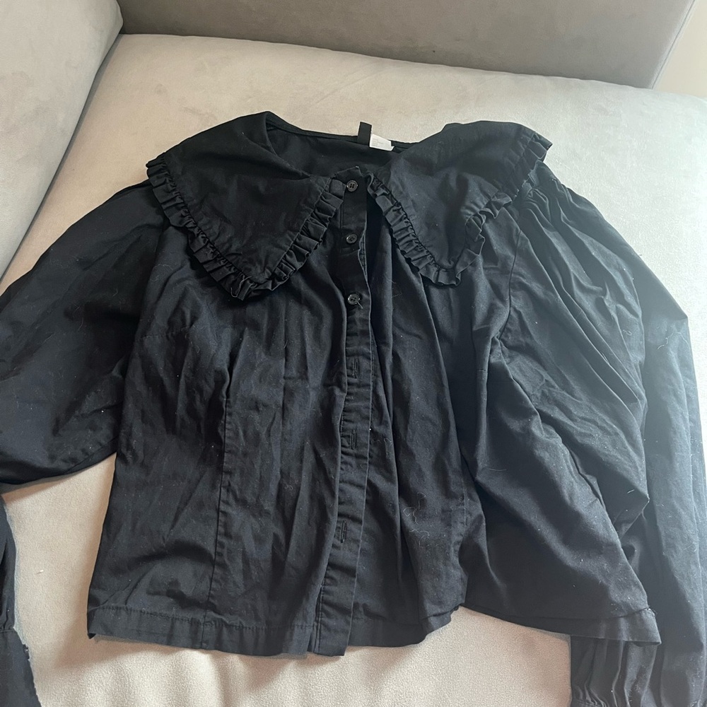 H&M Black Puff Sleeve Ruffled Blouse XL
